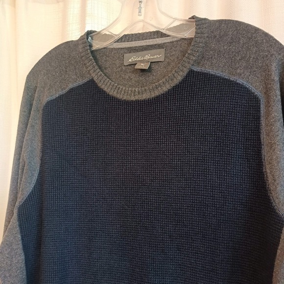 Eddie Bauer Men's Size L Merino Wool Navy Gray Crew Neck Sweater Waffle Front - Picture 2 of 7